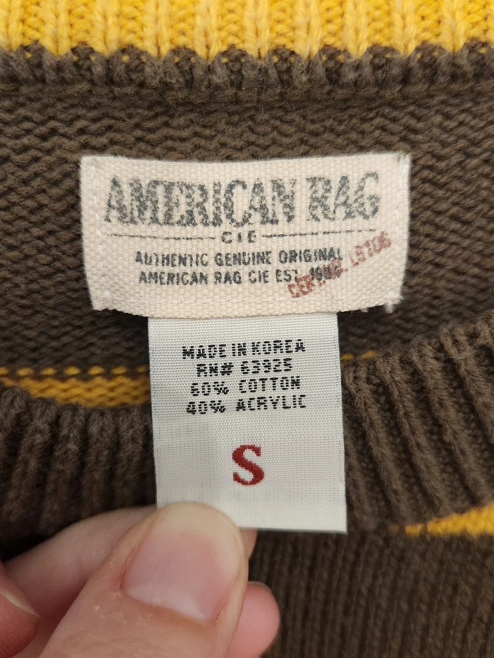 American Rag Brown Crewneck Sweater with Yellow & Orange Stripes